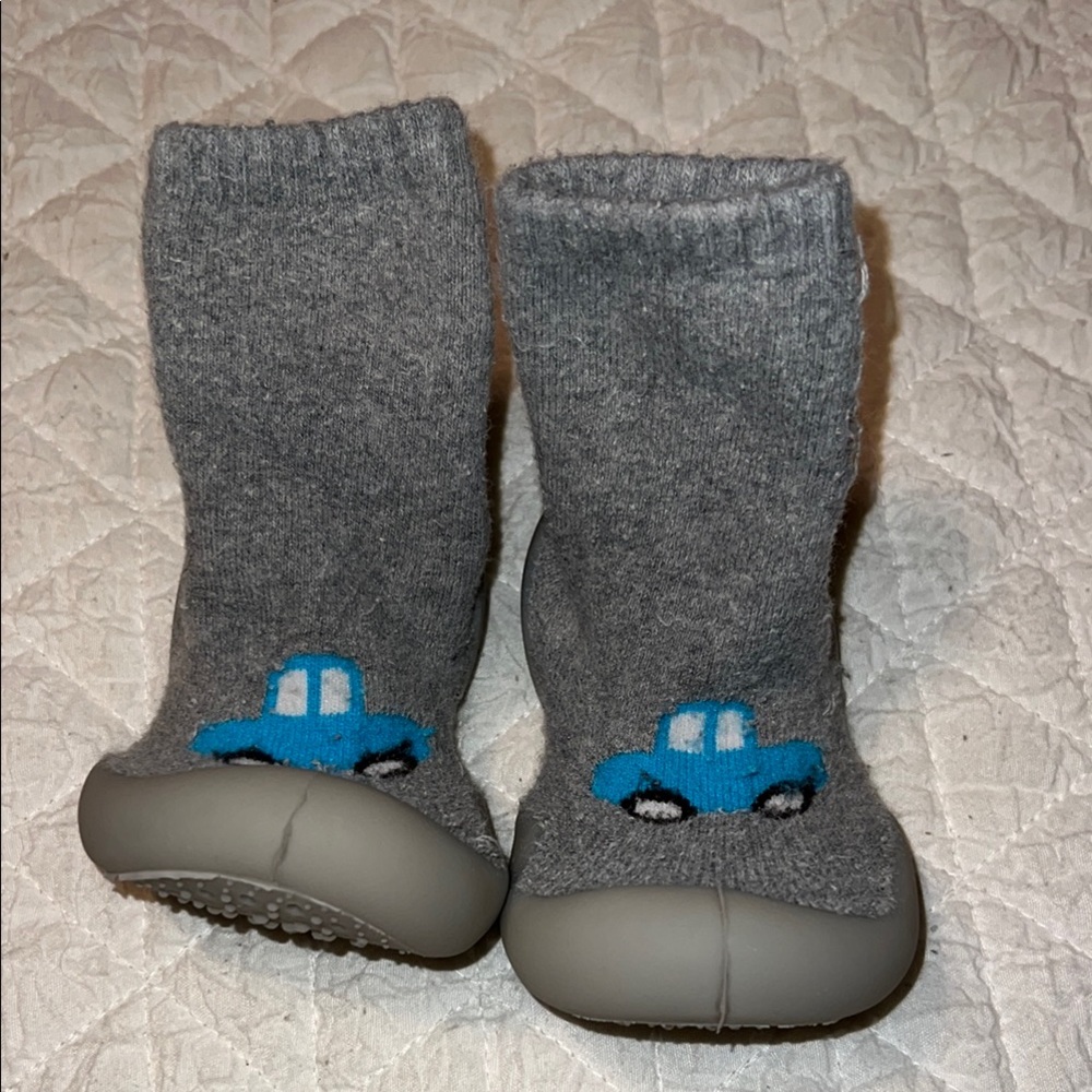 Gray Baby Booties with Blue Car Design